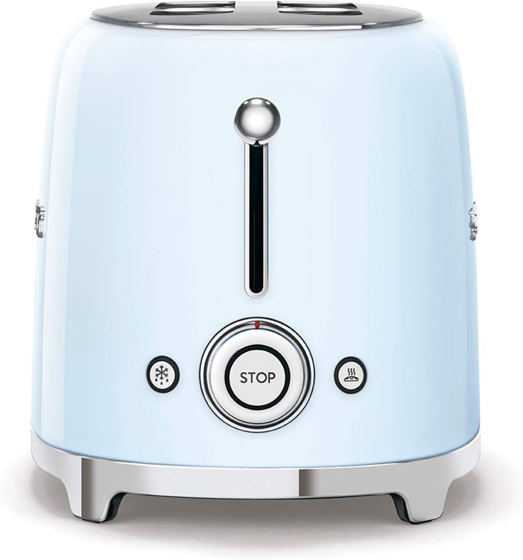 Smeg, Grille-pain 4 Tranches TSF02PBEU, 2 Fentes 36 mm, 6 Niveaux de Brunissage, Fonction Chauffage, Décongélation et Bagel, Éjection Automatique du Pain, Ramasse Miettes, 1500 W, Bleu Clair Pastel