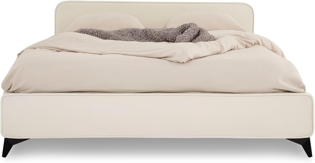 IDIMEX Lit Double Ravello 140x190 cm, Revêtement en Tissu, Lit Style Moderne pour 2 Personnes, Cadre de lit en Bois avec sommier Inclus, Blanc crème