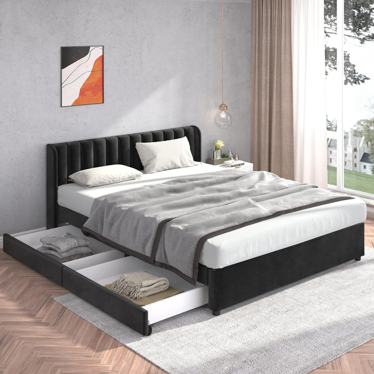 Lit Coffre 2 Personnes avec Sommier à Lattes et 2 Tiroirs, Parure de Lit Adulte Noir, Cadre de Lit Double Velours