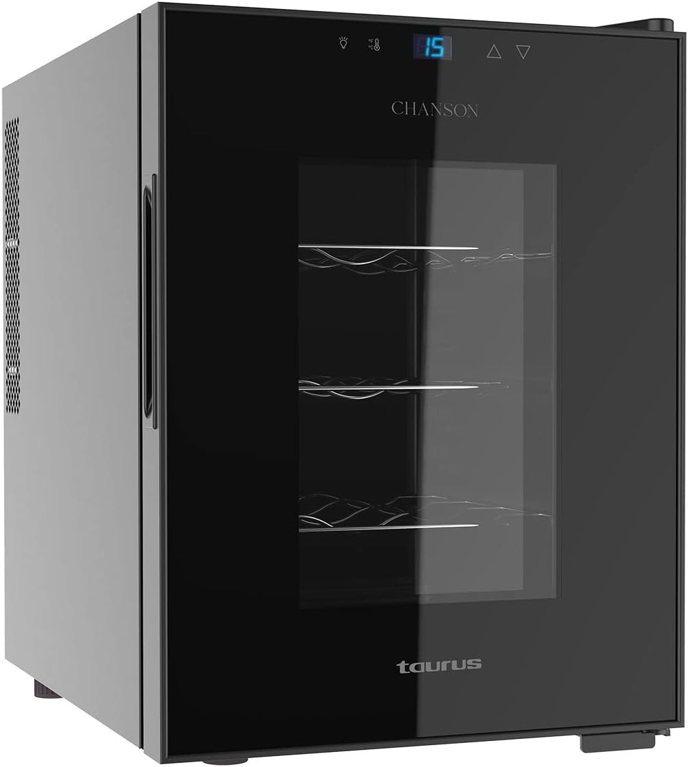 Taurus WC12T - Cave à vin thermoélectrique pour 12 bouteilles, silencieux, ne vibre pas, isolation spéciale de l'intérieur, porte vitrée, température réglable, écran tactile, lumière intérieure, noir