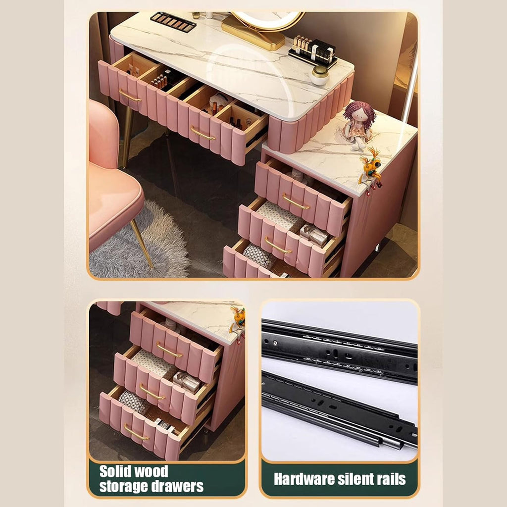 Coiffeuse avec Miroir LED, Bureau de Maquillage avec Tiroirs Armoire Rangement, Table de Maquillage avec Chaise en Velours Commode de Chambre Moderne