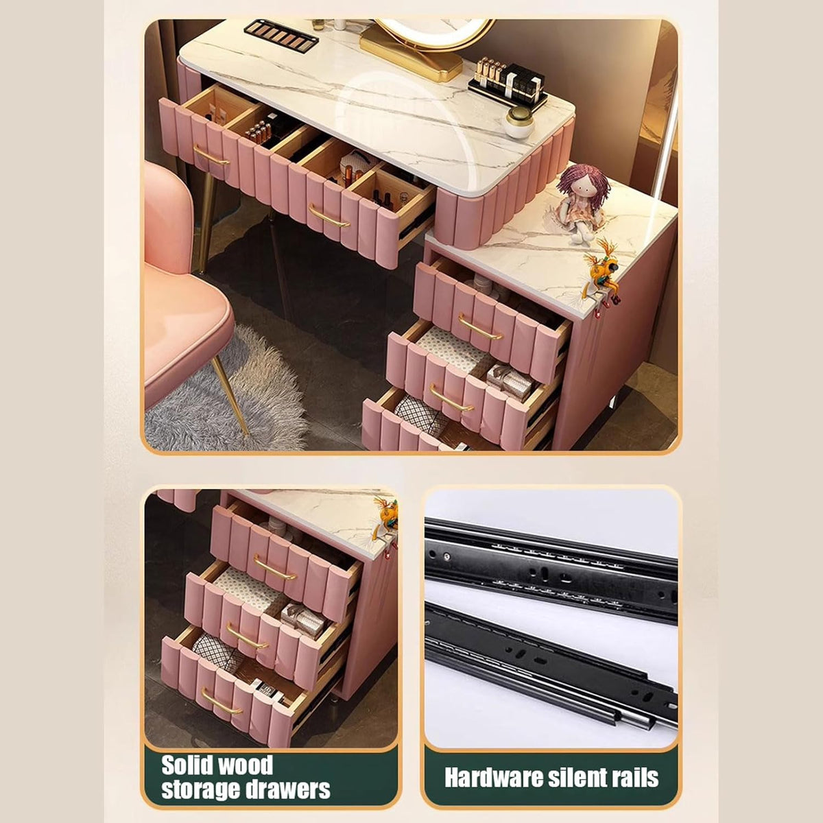 Coiffeuse avec Miroir LED, Bureau de Maquillage avec Tiroirs Armoire Rangement, Table de Maquillage avec Chaise en Velours Commode de Chambre Moderne