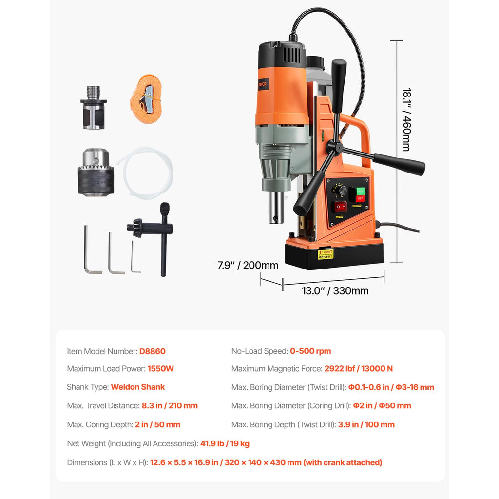 VEVOR Perceuse Magnétique Diamètre 50 mm Profondeur 50 mm Carotteuse à Diamant 1550 W 13000 N 500 tr/min Perceuse à Colonne Trou Net pour Rénovation Maison Construction de Navire Chemin de Fer Pont