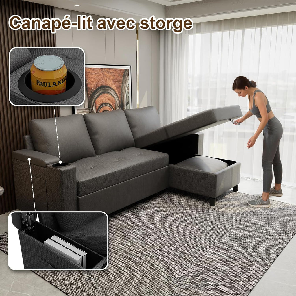 Devoko Canapé d'angle Convertible Modulaire 3 Places en L - Canapé-Lit avec Chaise Longue, Rangement Intégré et Porte-Gobelets - Design Moderne pour Salon, Anthracite (Gris)