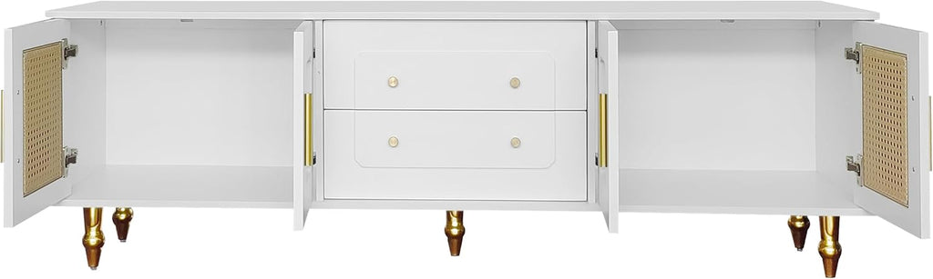 Meuble TV bas de style rétro avec 6 compartiments de rangement, poignées dorées, porte en rotin et pieds en métal, buffet TV pour salon (blanc, 175 x 38 x 55,5 cm)