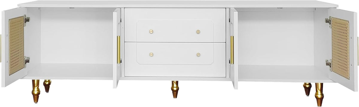Meuble TV bas de style rétro avec 6 compartiments de rangement, poignées dorées, porte en rotin et pieds en métal, buffet TV pour salon (blanc, 175 x 38 x 55,5 cm)