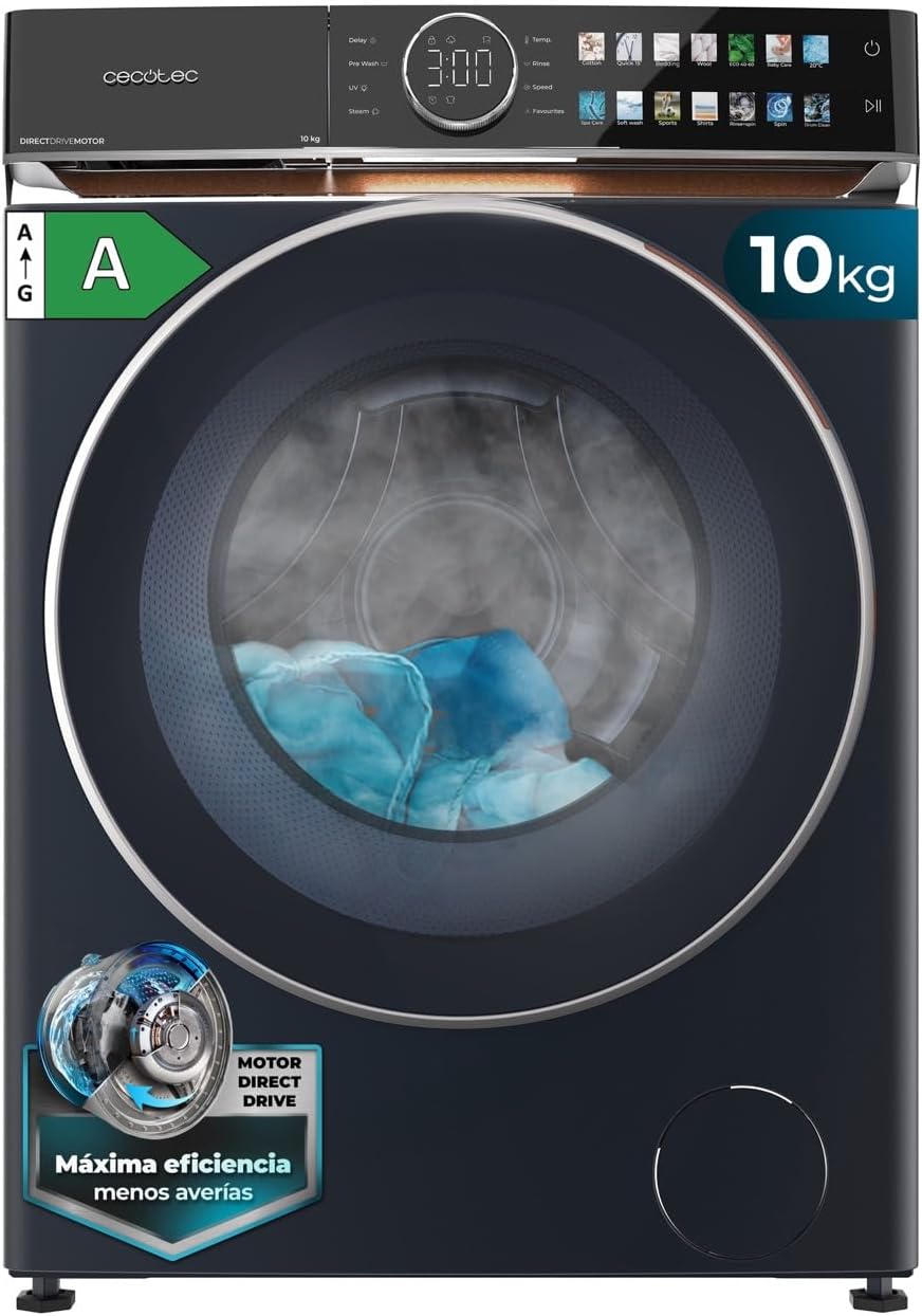 Cecotec Lave-linge 10Kg Frontal Bolero DressCode 10980 Direct Drive Blue A. 1400RPM, Moteur Direct Drive, Basse Consommation, Écran FullColor, Finitions Imitation Cuir, Porte XXL, Lumière UV et Vapeur