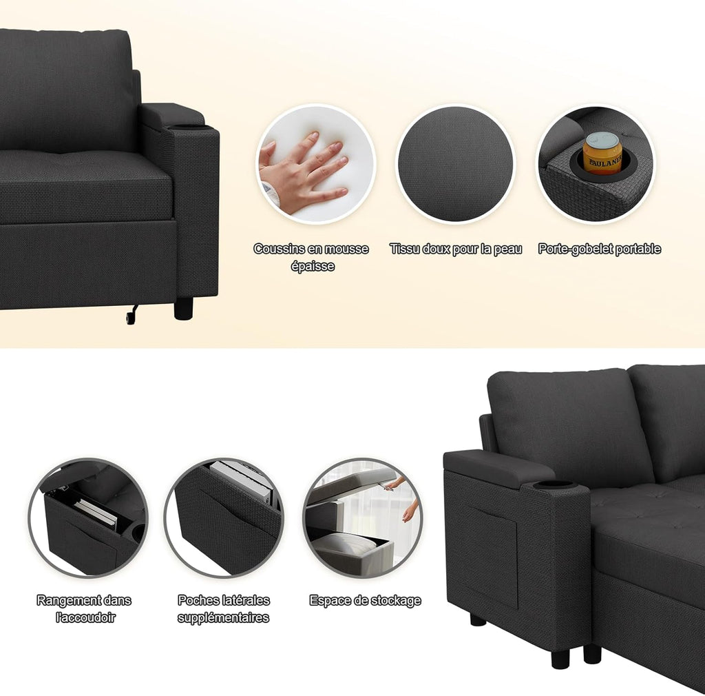 Devoko Canapé d'angle Convertible Modulaire 3 Places en L - Canapé-Lit avec Chaise Longue, Rangement Intégré et Porte-Gobelets - Design Moderne pour Salon, Anthracite (Gris)