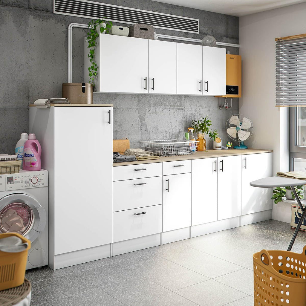 PEGANE Meuble Bas de Cuisine de 3 tiroirs avec Plan de Travail Coloris Blanc Brillant/chêne Canadien - Hauteur 90 x Longueur 60 x Profondeur 60 cm