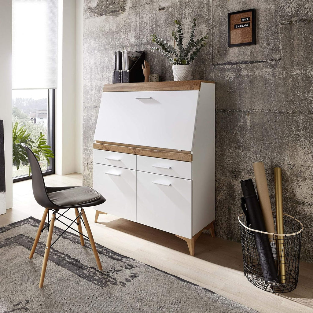 Stella Trading Secret Secrétaire de Bureau tiroirs, Bois d'ingénierie, Blanc Mat/Chêne Vieilli, 98 x 124 x 42 cm