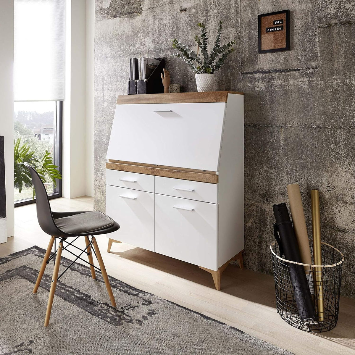 Stella Trading Secret Secrétaire de Bureau tiroirs, Bois d'ingénierie, Blanc Mat/Chêne Vieilli, 98 x 124 x 42 cm