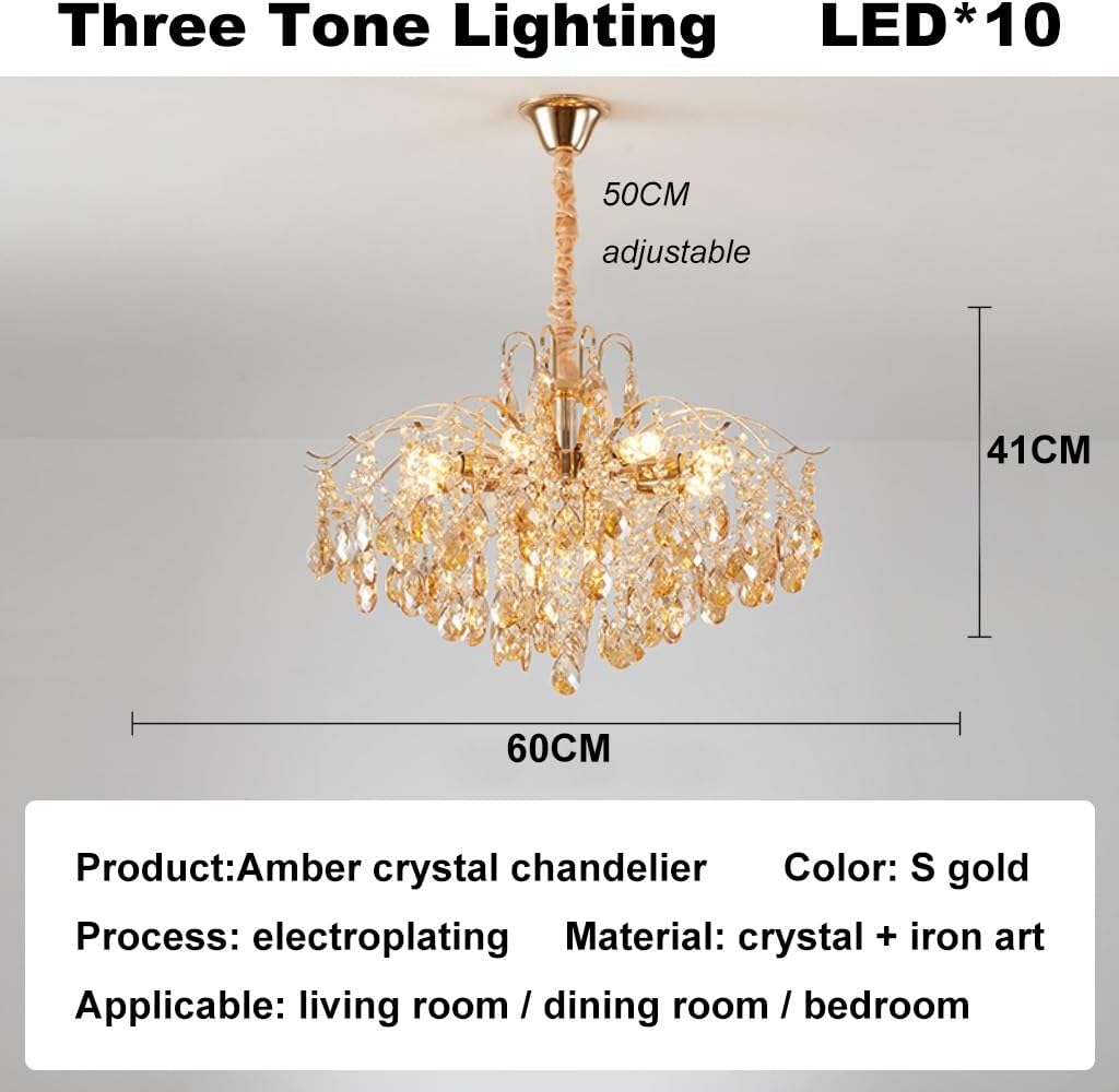 DOCJX Lustre Salon Moderne - Cristal Dimmable E14 Lampe Suspendue En Cristal K9 Avec Finition Dorée, Luminaire D'Intérieur Réglable Adapté Pour Lustre De Salle À Manger Et Chambre, Salon 60CM