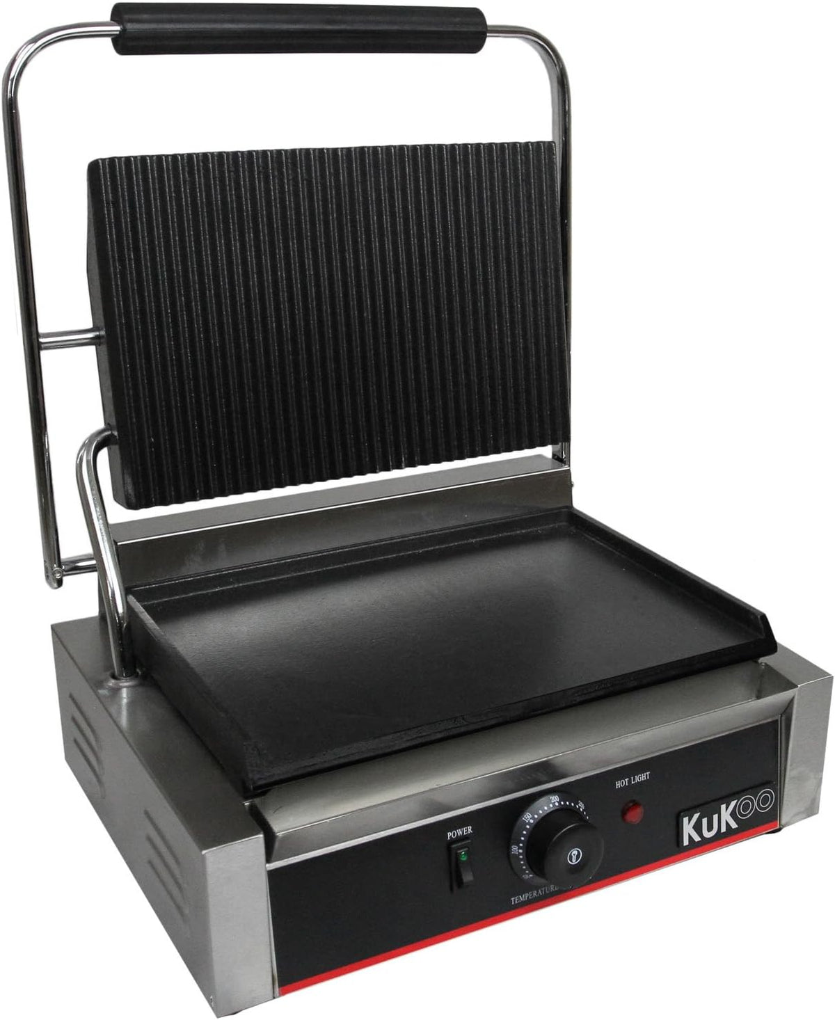 Presse à Panini Professionnelle Grill Electrique - 1 plaque Inox Rainurée 2200W 50-300 C - Parfait Sandwicherie, Restaurant HORECA Grille Poisson Légumes Croques Viande Brosse Nettoyage INCLUSE