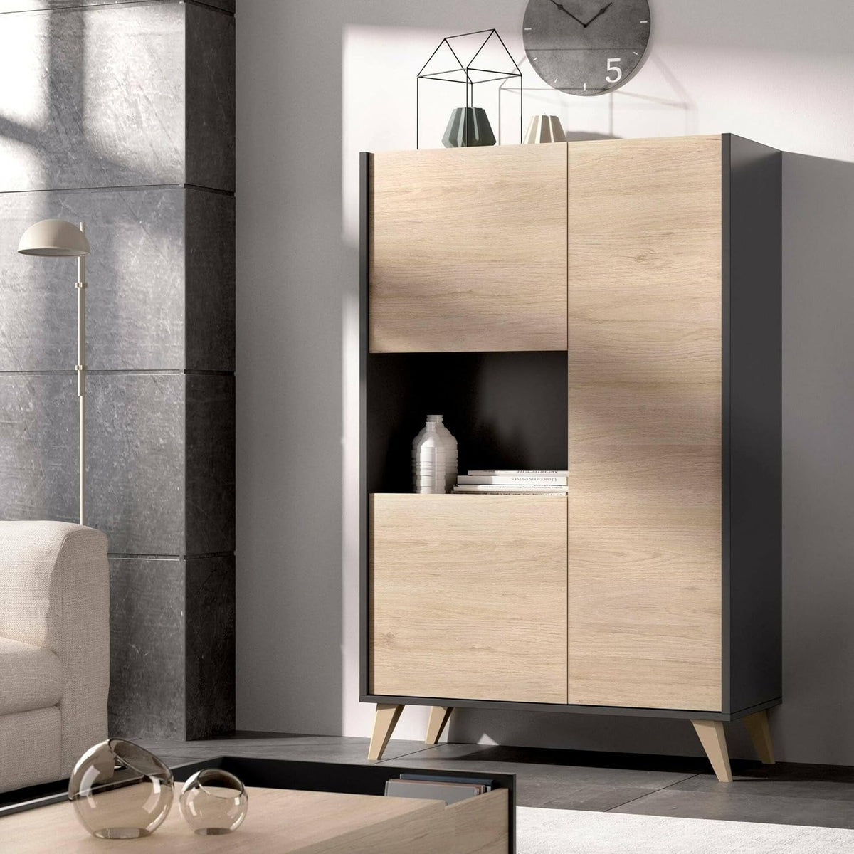 Dmora - Buffet Haut buffet de salon moderne à 3 portes, 81x43h135 cm, chêne et anthracite