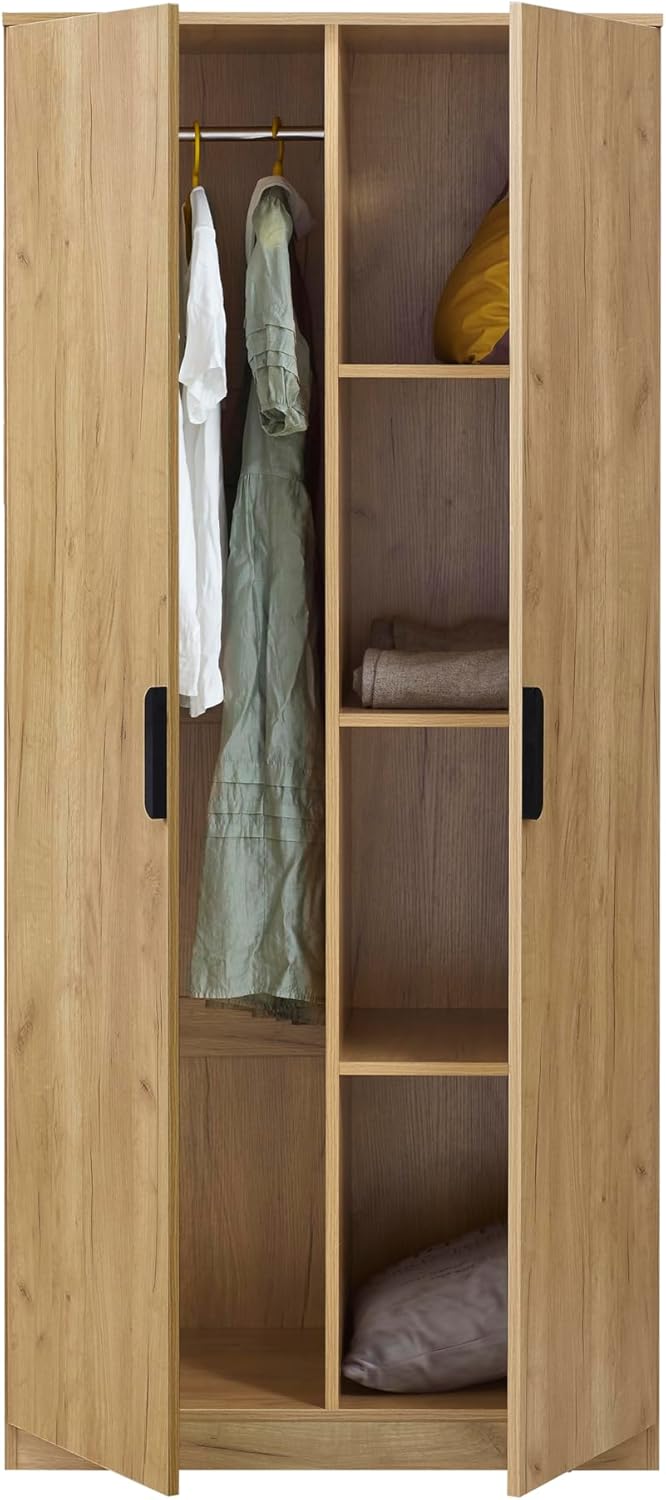 [en.casa] Armoire de Chambre avec Barre de Penderie 4 Étagères Garde-Robe Moderne Meuble de Rangement pour Dressing MDF 176 x 80 x 52 cm Effet Chêne