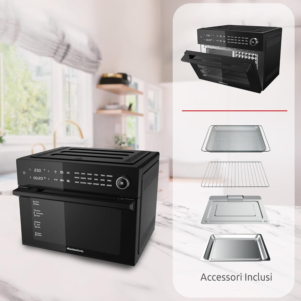 Melchioni Family | Heißluftfritteuse mit 30 Liter Kapazität BENEDETTA, Digitales Display, Dual Cook Funktion, Air Fryer mit 18 Programmen, 30-230°C, Timer 12h, Schwarz, Noire