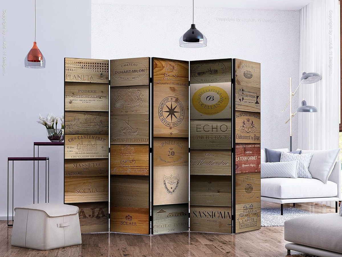 decomonkey - Paravent décoratif intérieur Bois Rétro 225x172 cm - Cloison de séparation - Gris Vert Blanc Beige - Inscriptions en Bois à Motif Marron sur Fond de Texture de Miel épicé français