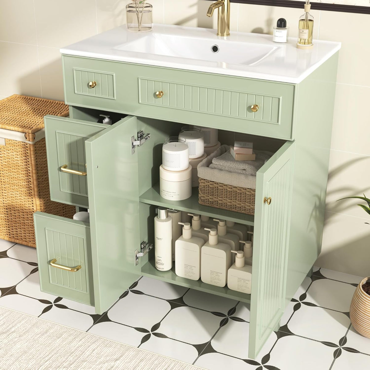 Merax Meuble de salle de bain avec lavabo et lavabo - Meuble de rangement multifonction - Lavabo en céramique - Sur pied - Vert - 81,7 x 46,8 x 90 cm