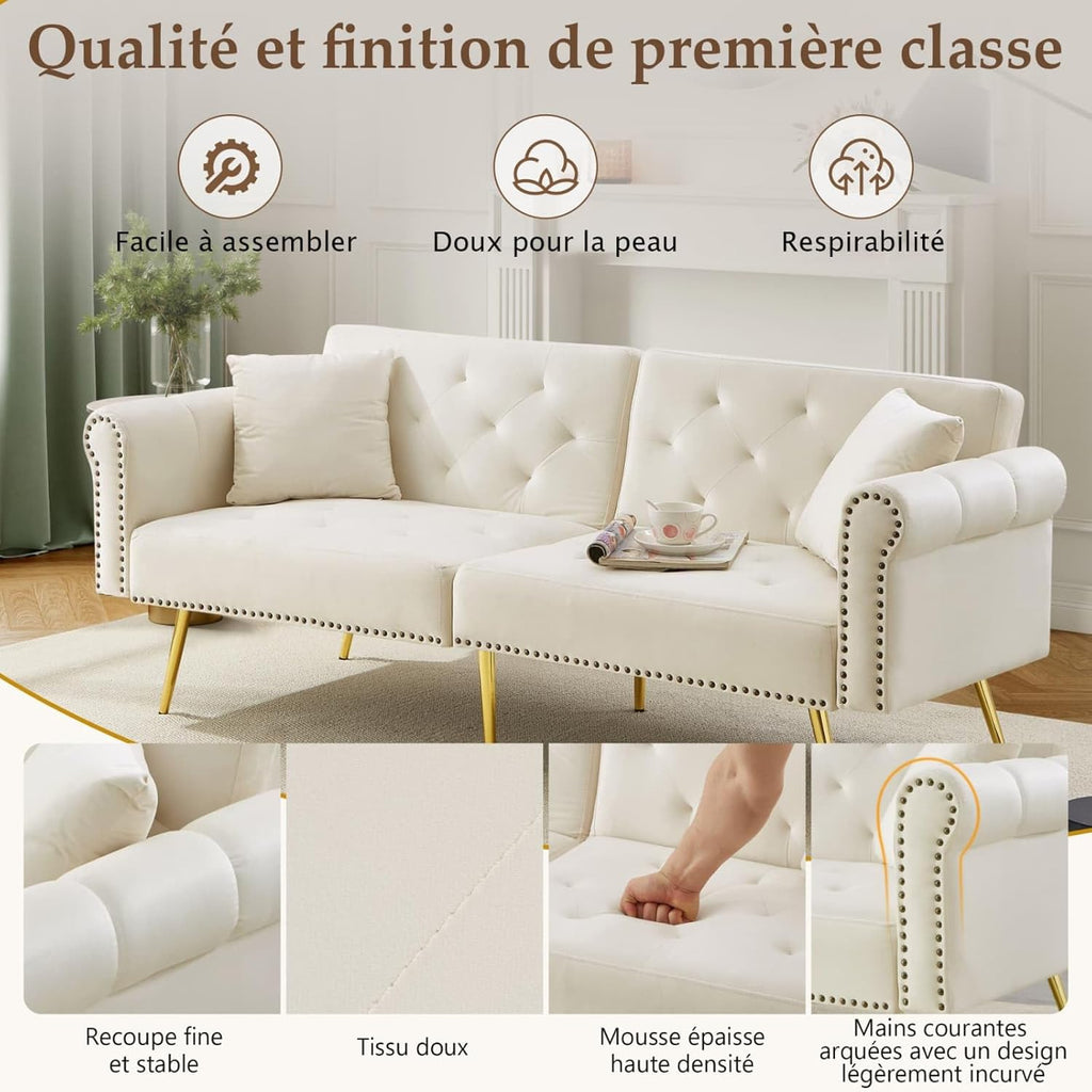 KOMHTOM Canapé-lit avec Dossier Réglable en 3 Positions, Canapé 2 Places élégant avec 2 Coussins et Fonction Sommeil, pour Salon, Chambres à Coucher (Beige)