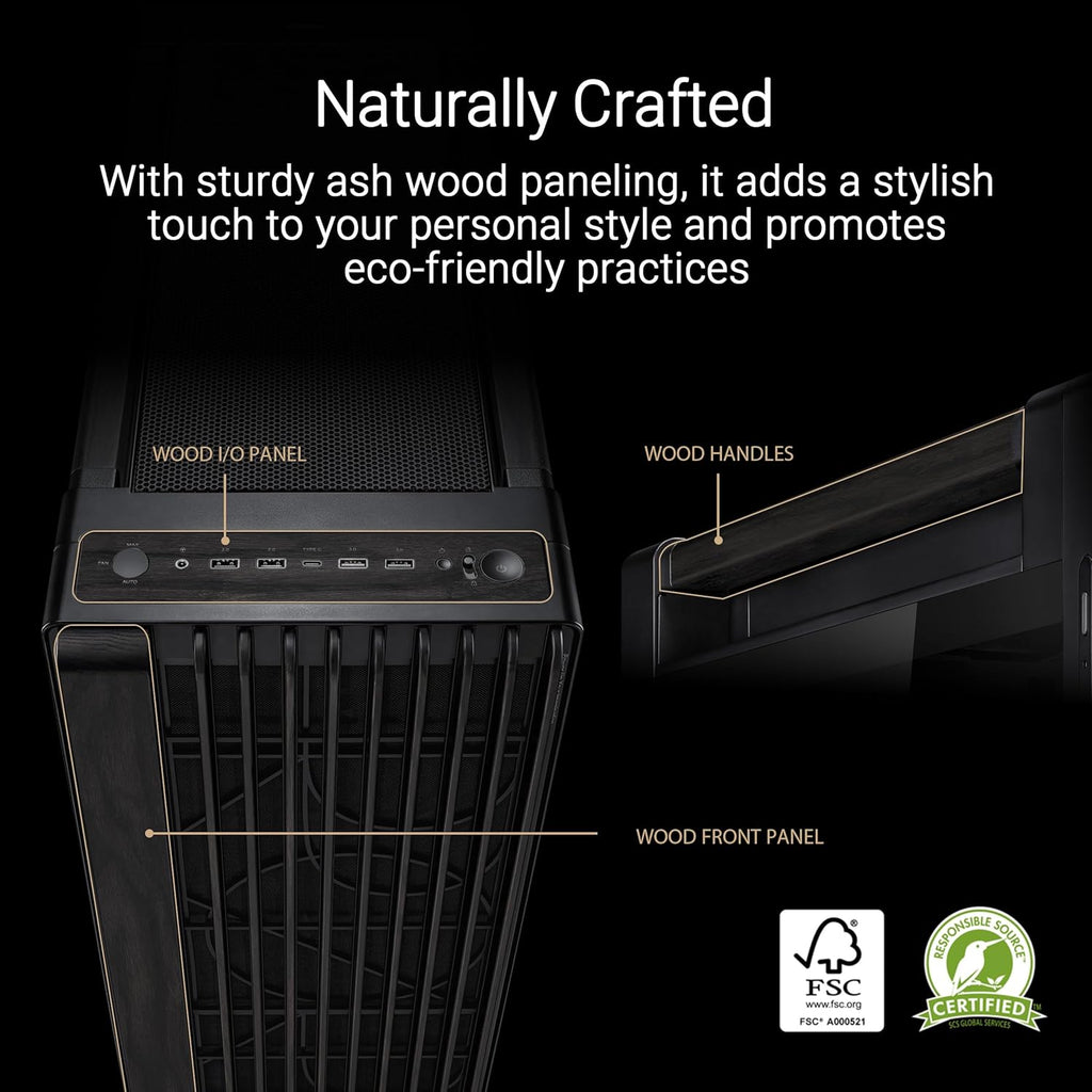 ProArt PA602 Wood Edition Paneau en Verre trempé – Boîtier PC E-ATX (Support de radiateur de 420 mm, Un Ventilateur système préinstallé de 140 mm + 2 x 200 mm, Montage sans Outil, USB 20 Gbit/s)