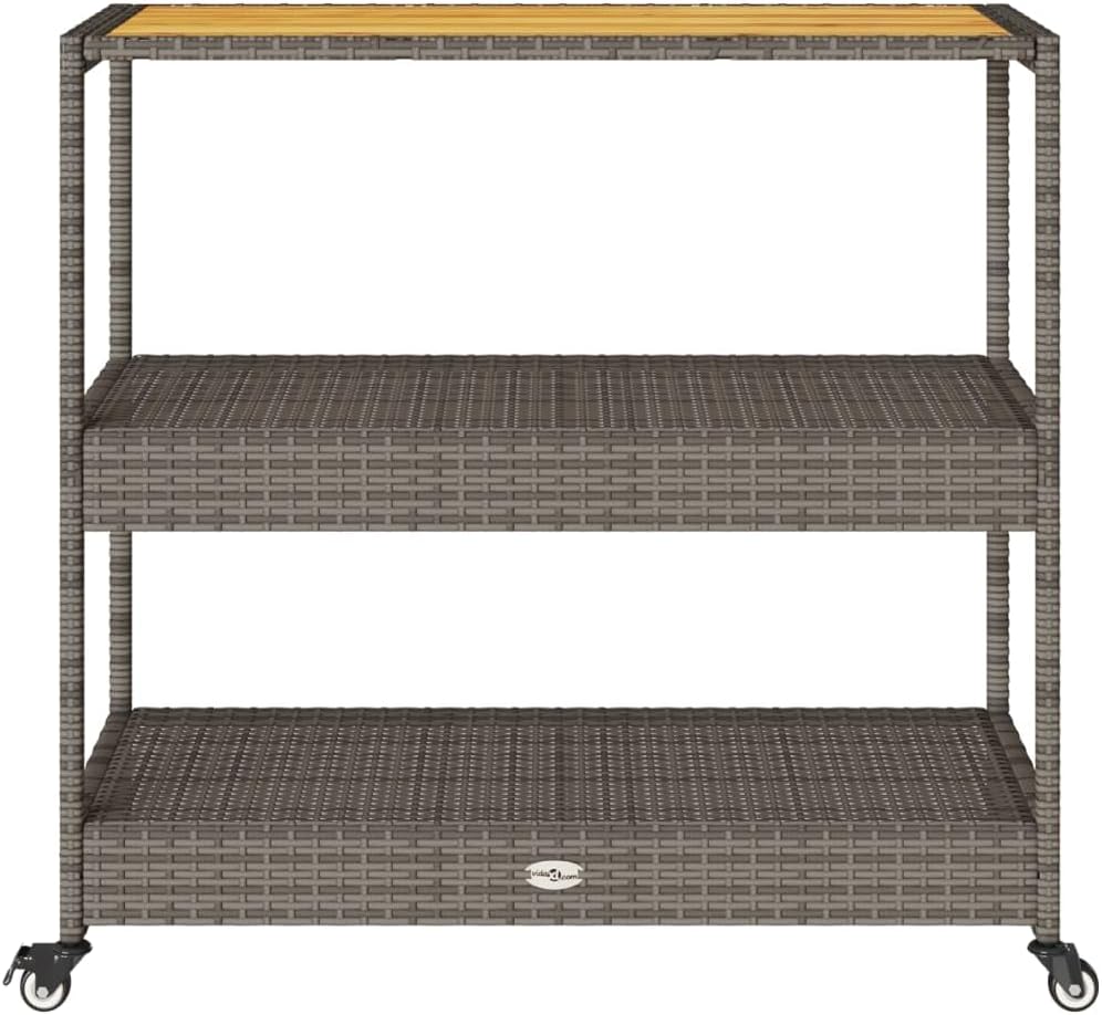 Tomostar Desserte de Jardin, Chariot de Bar Desserte Extérieur 3 Niveaux Gris rotin et Bois d'acacia Massif