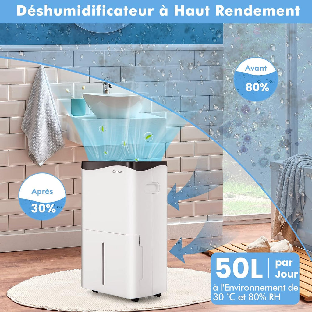 COSTWAY Déshumidificateur Portable 50L/Jour avec Réservoir 5L pour Pièces jusqu'à 100m², 2 Vitesses de Ventilation Minuterie 24H 4 Modes Contrôle WiFi, pour Maison et Bureau
