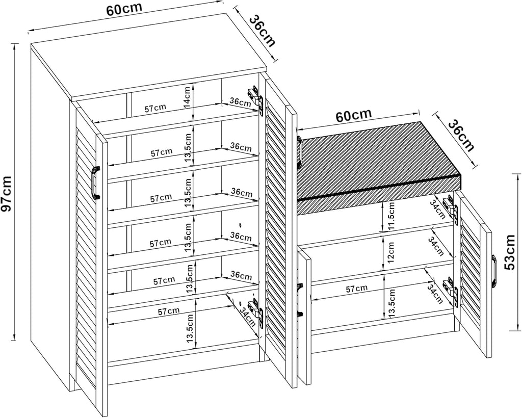[en.casa] Meuble à Chaussures avec Banquette Armoire à Chaussures pour 18 Paires Meuble de Rangement avec Portes Ajourées MDF 97 x 120 x 36 cm Blanc