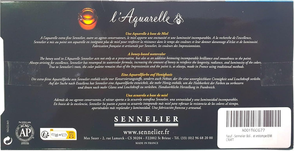 Sennelier Boîte de Peinture Aquarelle Extra-Fines,48 demi-godets Boîte en métal(36 +12) avec 2 pinceaux + 2 cartes postales et estompe EMI CRAFT