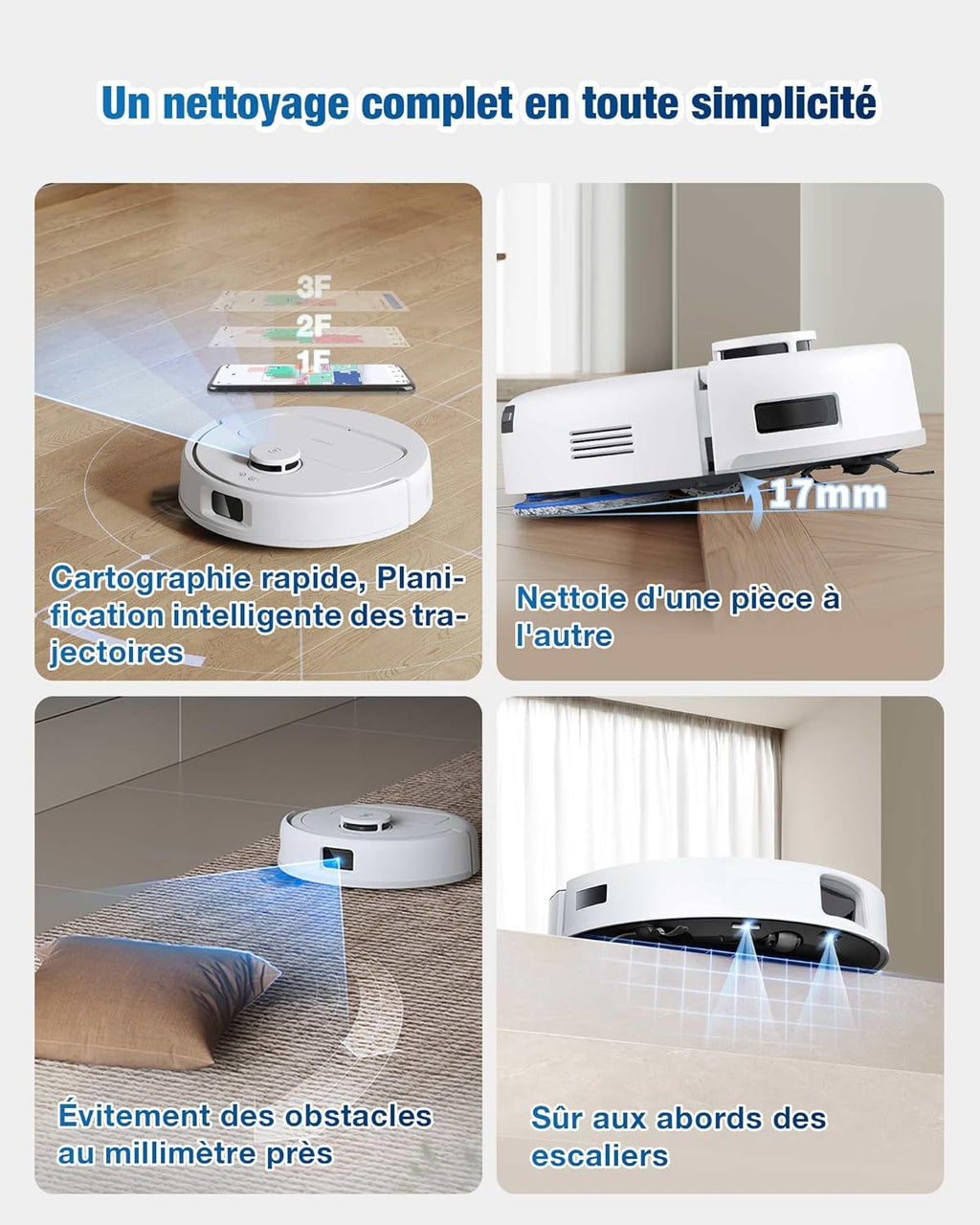 ECOVACS DEEBOT Mini Aspirateur Robot, Aspiration 9 000 Pa, ZeroTangle 2.0, TrueMapping 2.0, séchage à 45 ℃, vidage Auto, Lavage Intelligent en Profondeur, Nettoyage Auto en Un clic, Bleu