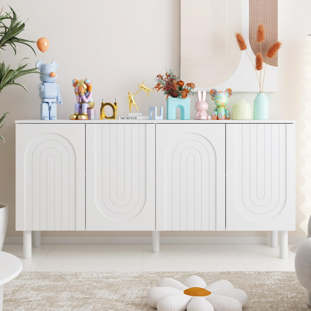 PREMTURE Buffet blanc - Armoire de rangement à 4 portes - Design élégant avec bouton pression - Pieds en bois massif - 160 x 80 x 40 cm