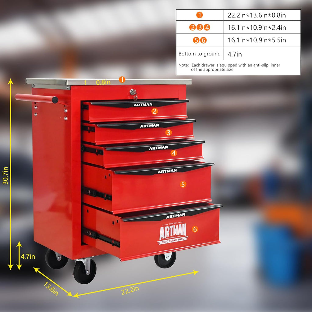 ELIHGTBY Servante d'Atelier Vide à 5 Tiroirs, Chariot d'Outils Robuste sur roulettes - Établi Mobile avec Verrouillage Centralisé, Armoire de Rangement pour Garage, Servante Atelier Rouge et Noir