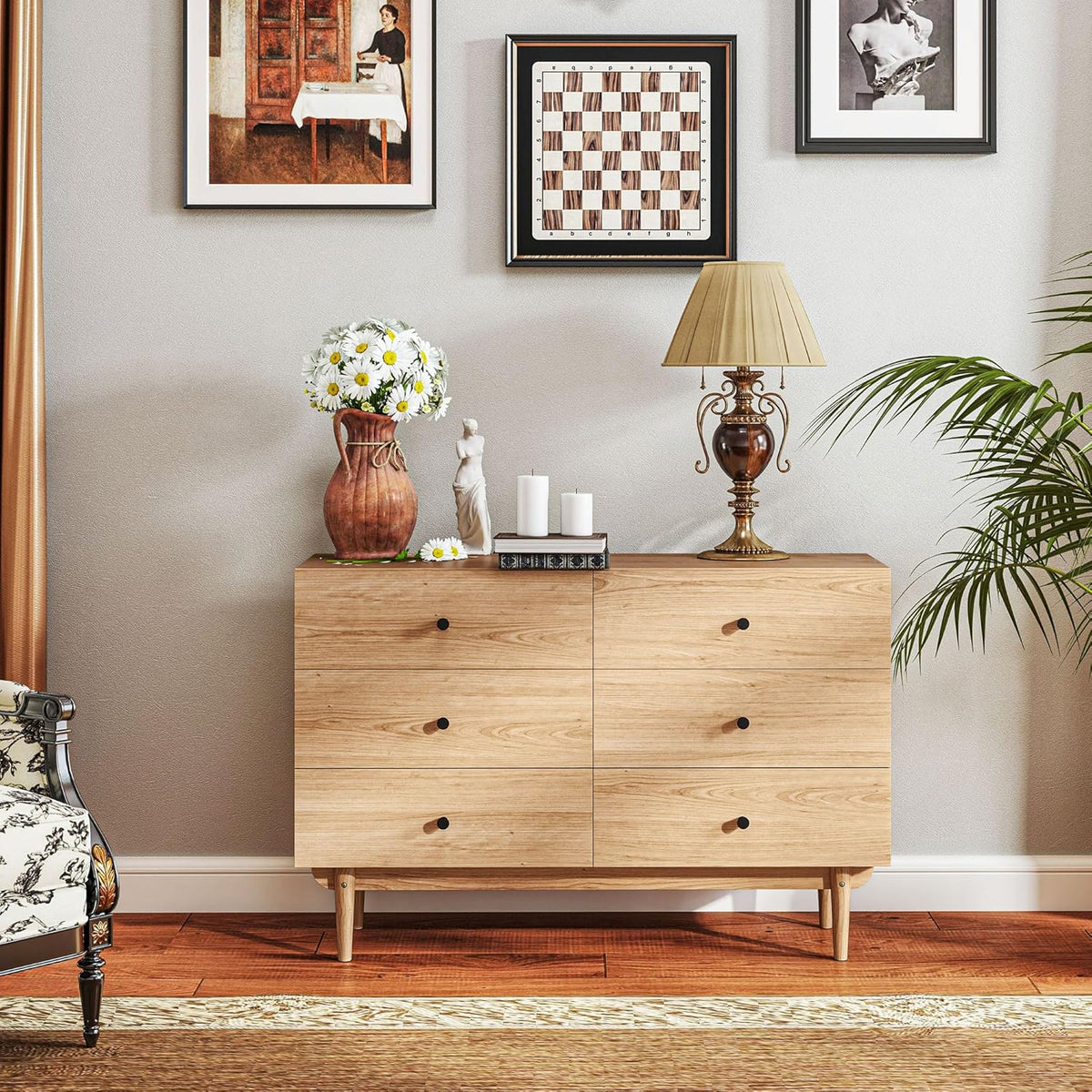 HOMCOM Commode 6 tiroirs, Meuble de Rangement avec Pieds en Bois Massif, Finition Bois veiné, 120 x 40 x 80 cm, Marron Clair