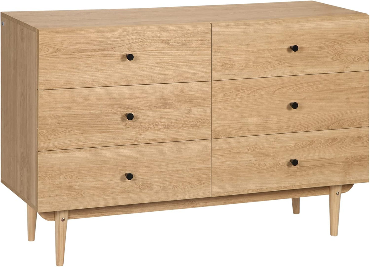 HOMCOM Commode 6 tiroirs, Meuble de Rangement avec Pieds en Bois Massif, Finition Bois veiné, 120 x 40 x 80 cm, Marron Clair