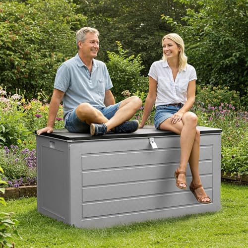 Olsen & Smith Abri de jardin en plastique de grande capacité – Résistant aux intempéries et assis avec coffre effet bois (680 L, anthracite)