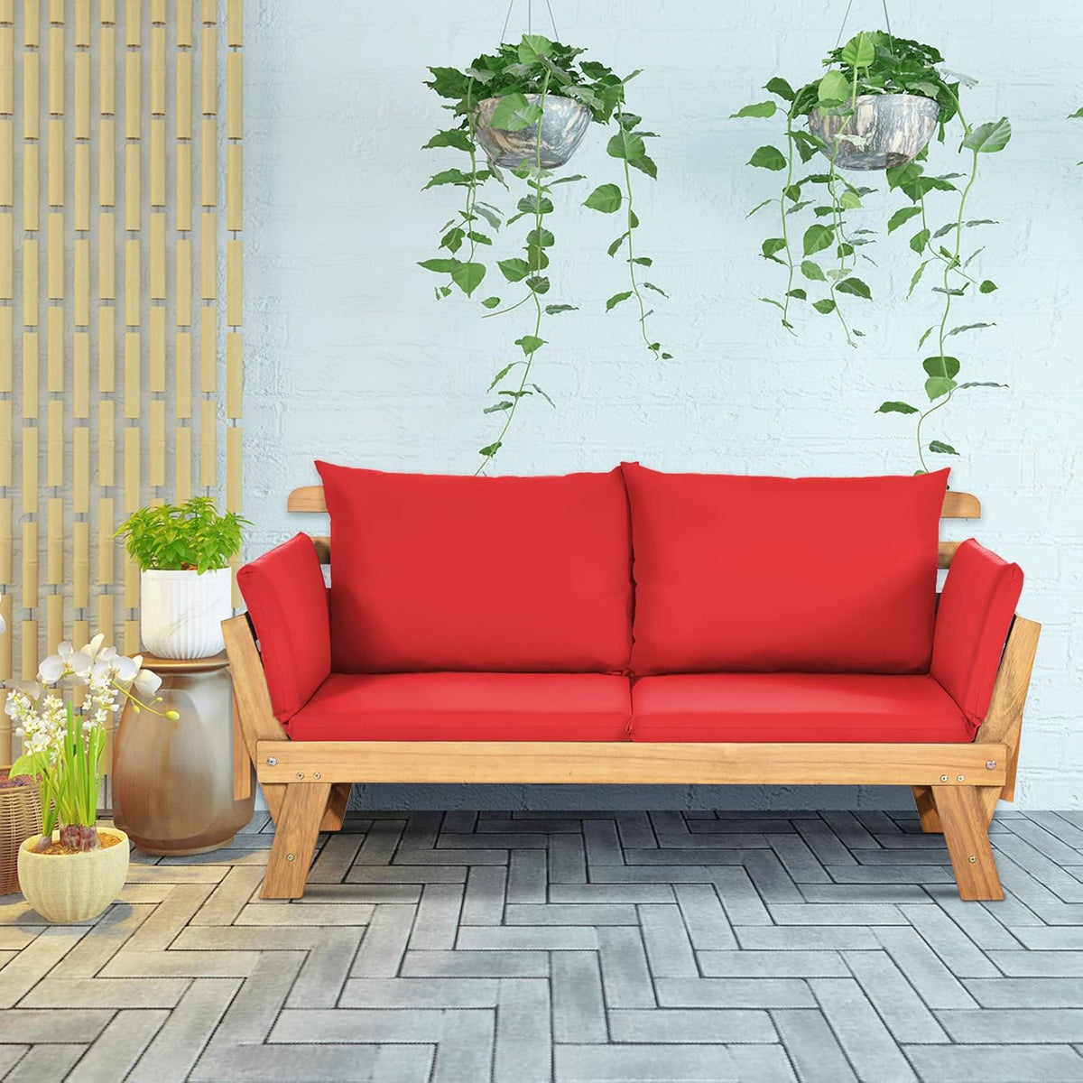 GOPLUS Canapé Lit de Jardin Extensible 2 Places Charge 320 KG, Accoudoirs Réglables, Coussins & Dossier Amovibles, Cadre en Bois d’Acacia Massif, pour Terrasse, Balcon, Parc, Patio（Coussin Rouge）