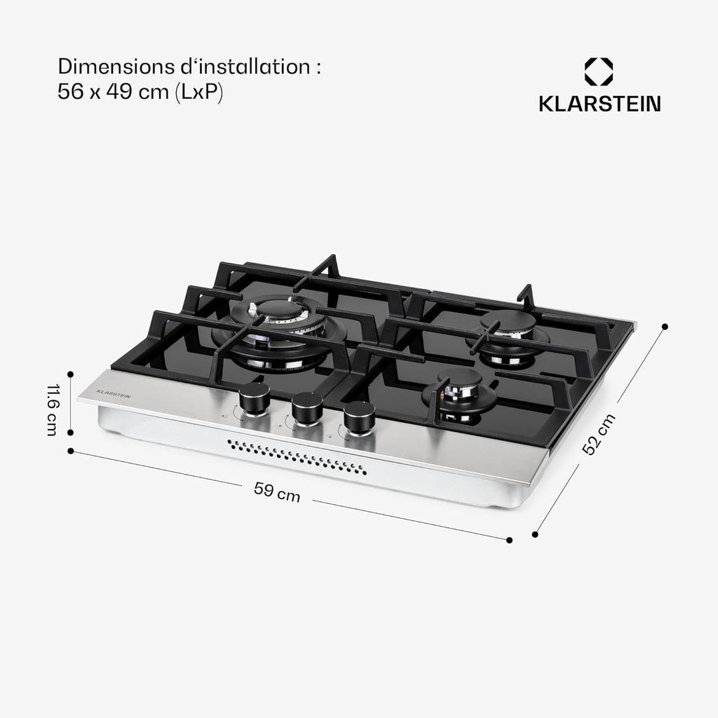 Klarstein Plaque de Cuisson Gaz 3 Feux, Table de Cuisson à Gaz à 3 Brûleurs, 6.2 kW, Piano Cuisine Gaz Encastrable en Acier Inoxydable