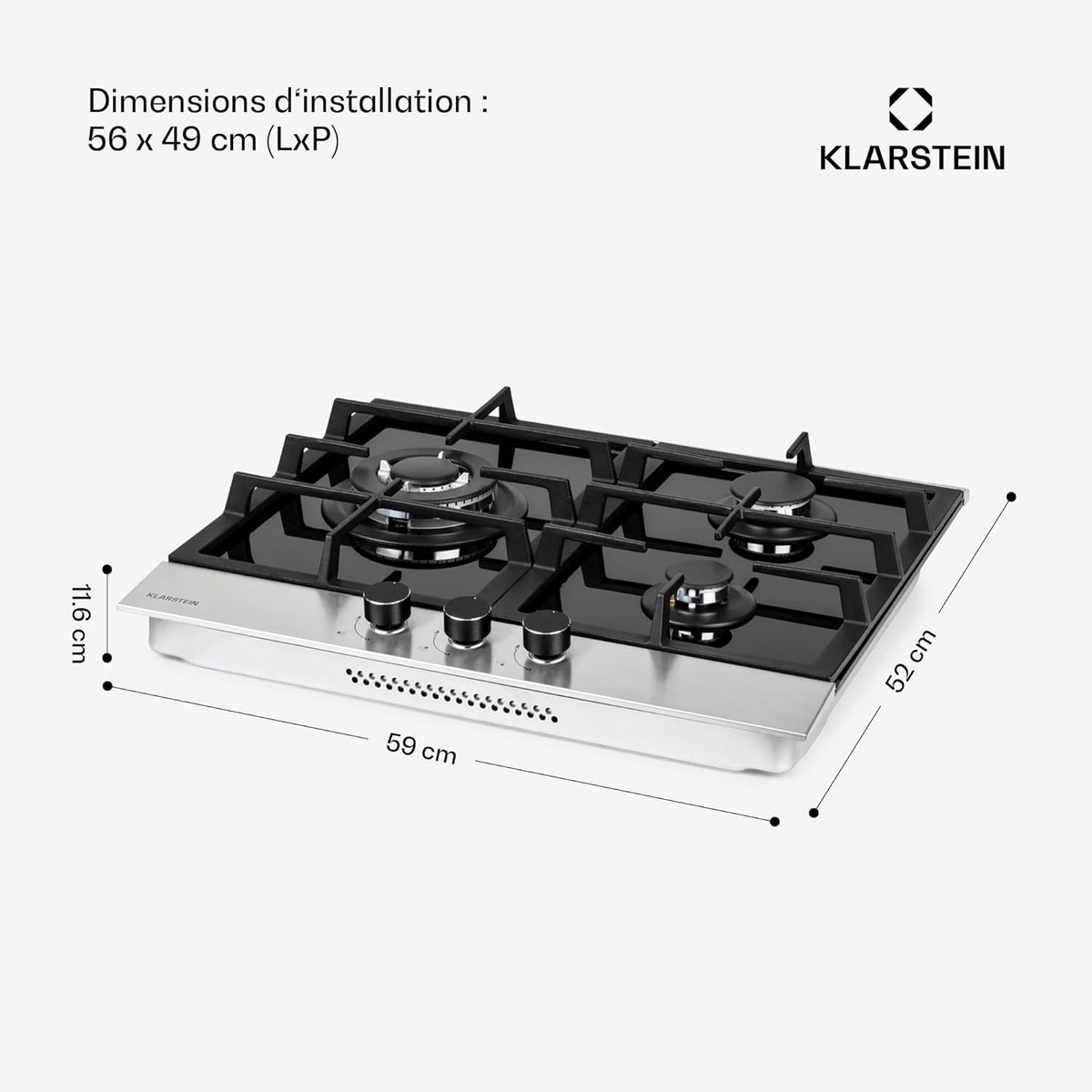 Klarstein Plaque de Cuisson Gaz 3 Feux, Table de Cuisson à Gaz à 3 Brûleurs, 6.2 kW, Piano Cuisine Gaz Encastrable en Acier Inoxydable