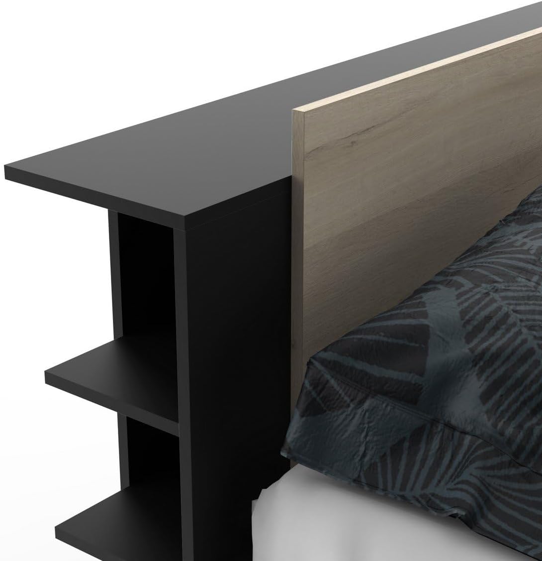 Lit 140 x 190/200 avec Rangement Industriel 2 Tiroirs 2 Niches - Coloris Noir Mat et Chêne Clair - 144,7 x 227 x 87,7 cm