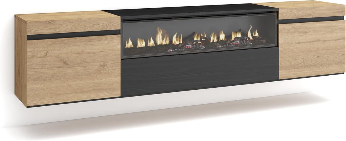 Skraut Home | Meuble TV | Banc Télé | Grand Espace de Rangement | 200x45x35cm | pour Les TV jusqu'à 80" | Cheminée électrique | Suspendu, Mural | Style Moderne | Chêne et Noir