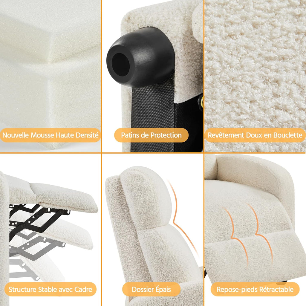 Yaheetech Fauteuil de Relaxation Chaise de Détente Siège de Canapé Fauteuil en Tissu Bouclette Doux avec Repose Pied/Chambre à Coucher/Home Cinéma/Salon Ivoire