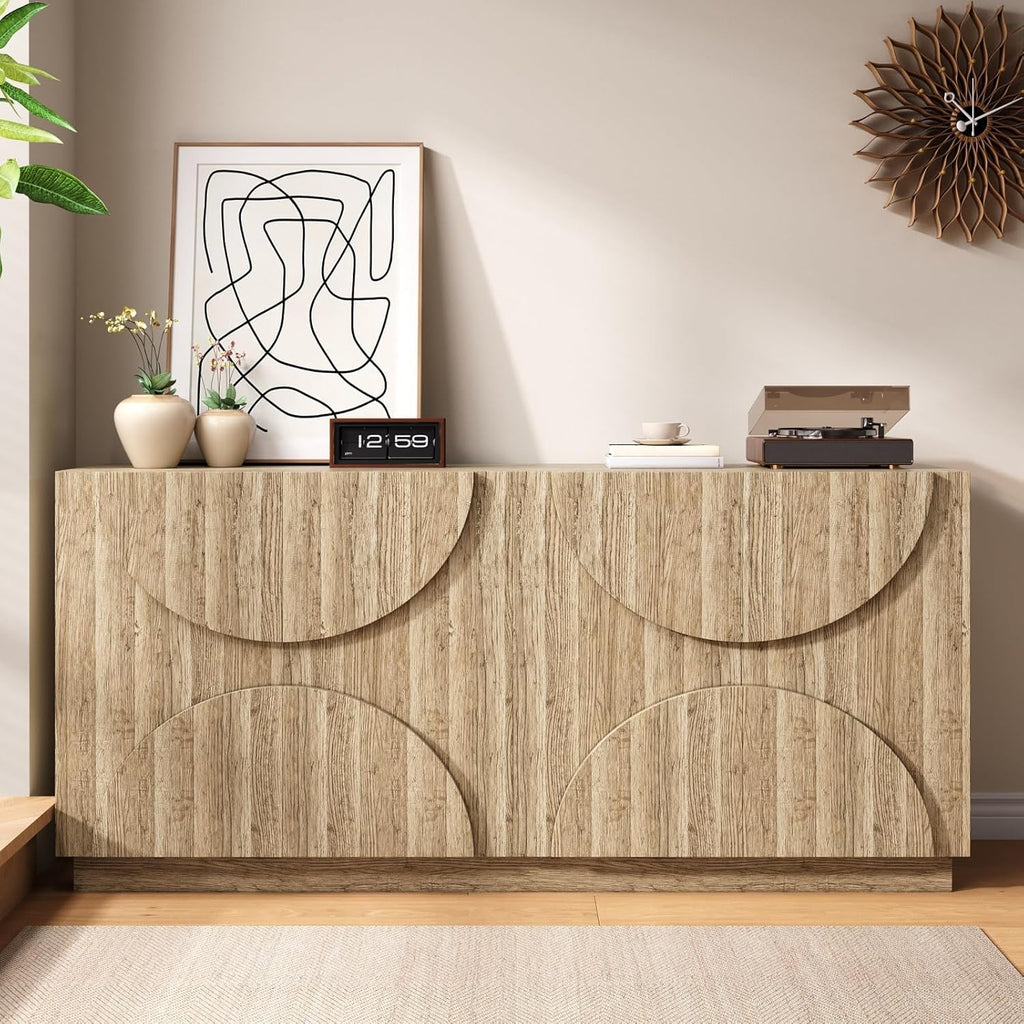 PUGSDRLY Armoire à Couverts avec étagères, Buffet avec Ferme-Portes, Armoire de Rangement en Bois Naturel à Quatre Portes(160 x 40 x 80 cm)