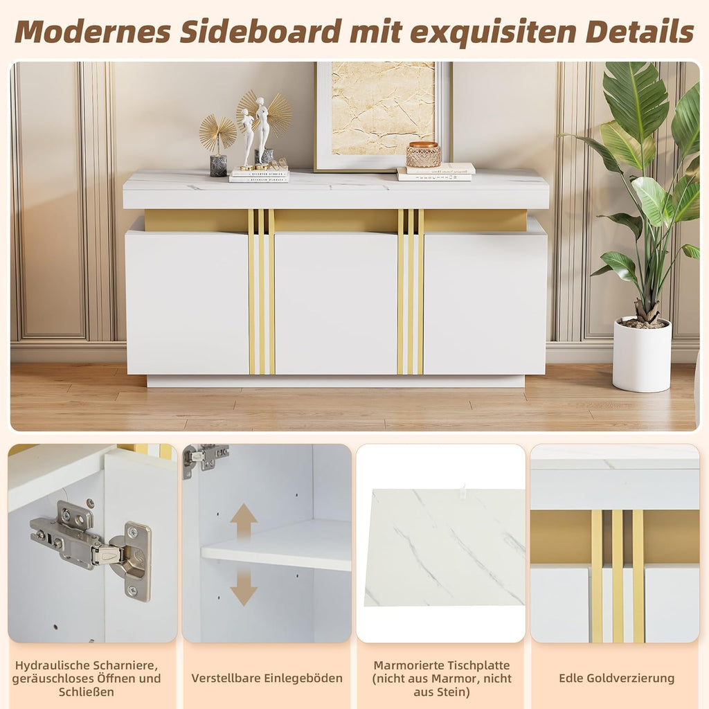 Merax Buffet - Armoire de cuisine avec 3 portes - Armoire de rangement moderne avec plan de travail - Étagère réglable - Armoire de salle à manger pour salon, salle à manger, couloir - Aspect marbre