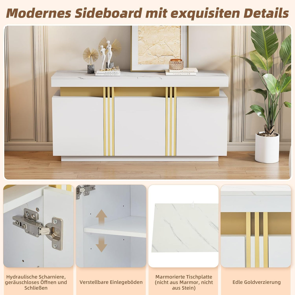 Merax Buffet - Armoire de cuisine avec 3 portes - Armoire de rangement moderne avec plan de travail - Étagère réglable - Armoire de salle à manger pour salon, salle à manger, couloir - Aspect marbre