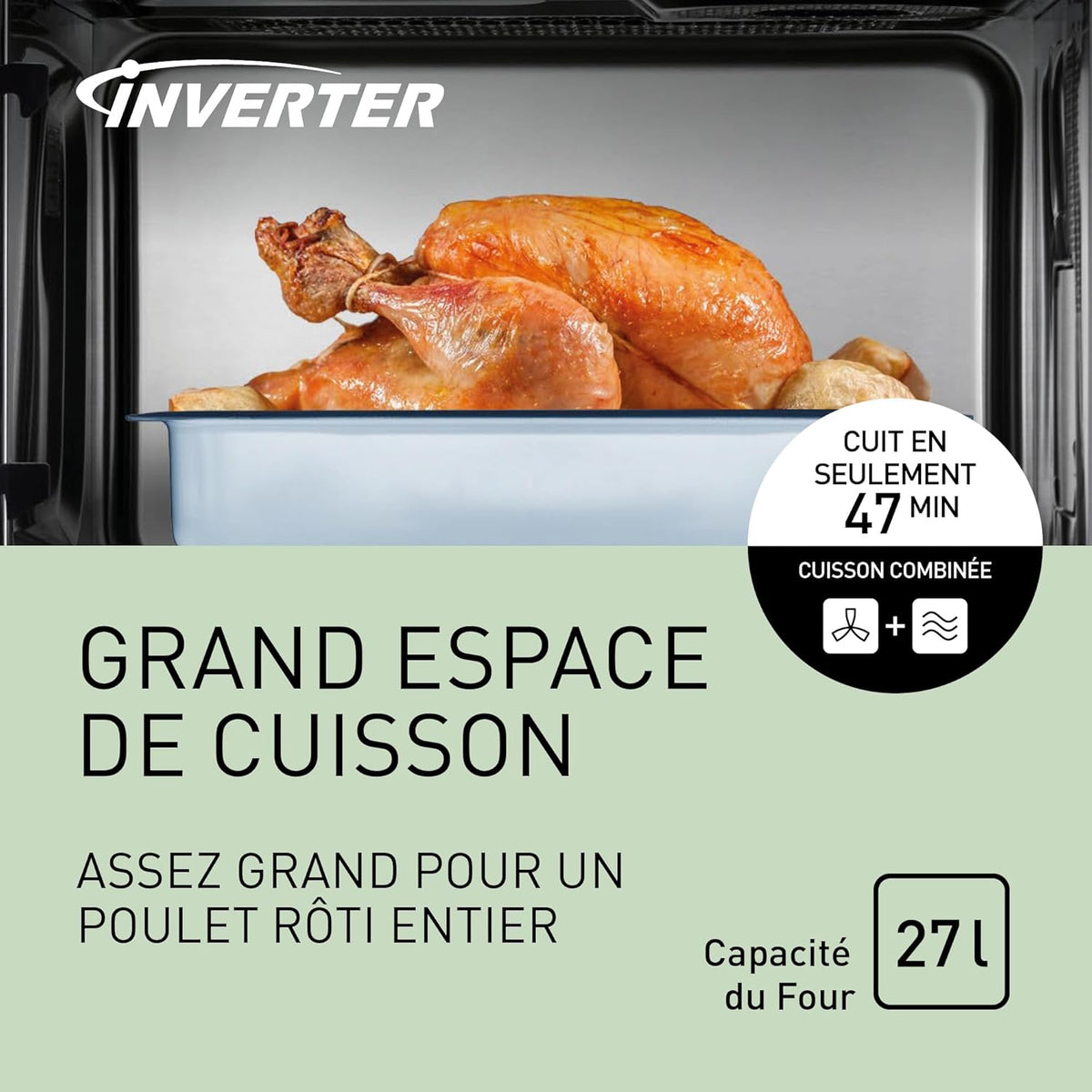 Panasonic NN-CD565BEPG - Four 3 en 1 Combiné, 27 L, Inverter, Chaleur à 100-220°C, Gril Quartz 1300W, Micro-ondes 1000 W, Plat Crispy, Plateau tournant 34 cm, Noir - Version FR