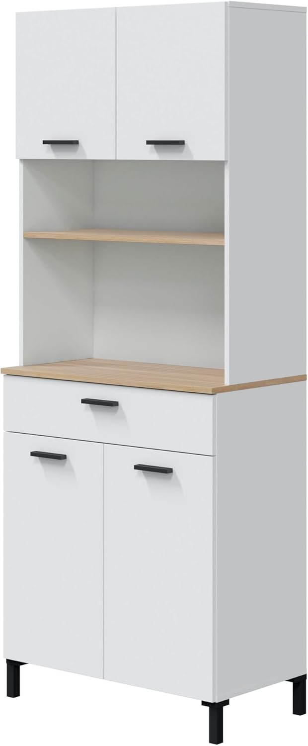 Habitdesign Modèle Kira Meuble de cuisine 4 portes + 1 tiroir Finition blanche Artik et naturel, dimensions : 185 x 72 x 40 cm H x l x P .