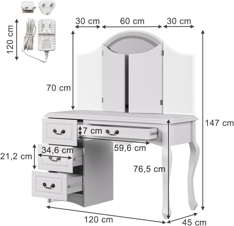 Vicco Coiffeuse Belle, Blanc, 120cm avec éclairage LED à intensité Variable