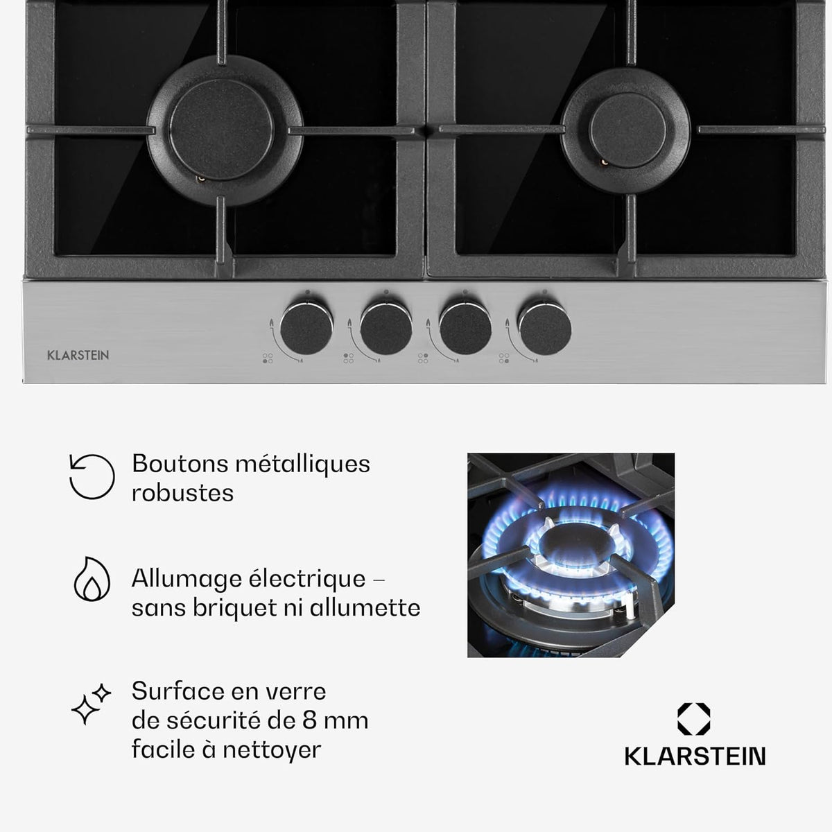 Klarstein Plaque de Cuisson à Gaz 4 Feux, Table de Cuisson 4 Brûleurs, 8.0 kW, Piano Cuisine en Acier Inoxydable, Encastrable, Inox