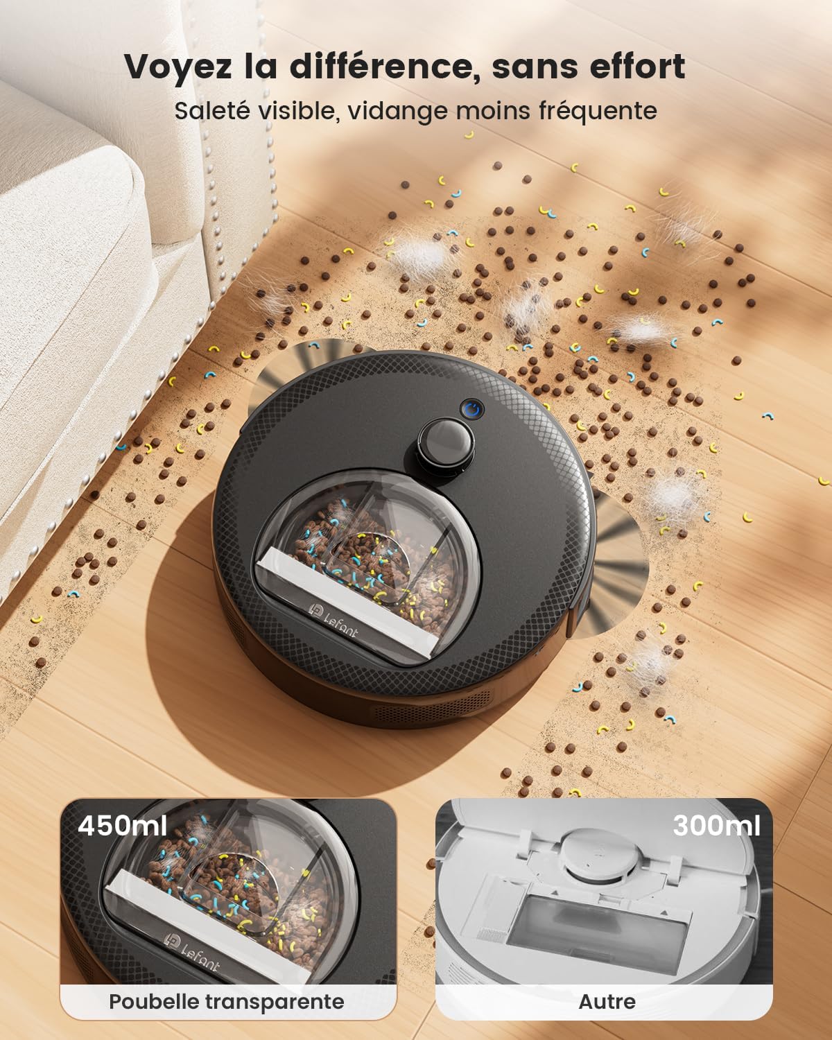 Lefant M330 Pro Robot Aspirateur Laveur 3 en 1, Aspirateur Robot 5000Pa d'Aspiration, Navigation dToF, Cartographie, Zones Virtuelles, Évitement d'obstacles PSD, 150min, Connecté par Alexa/APP/WiFi