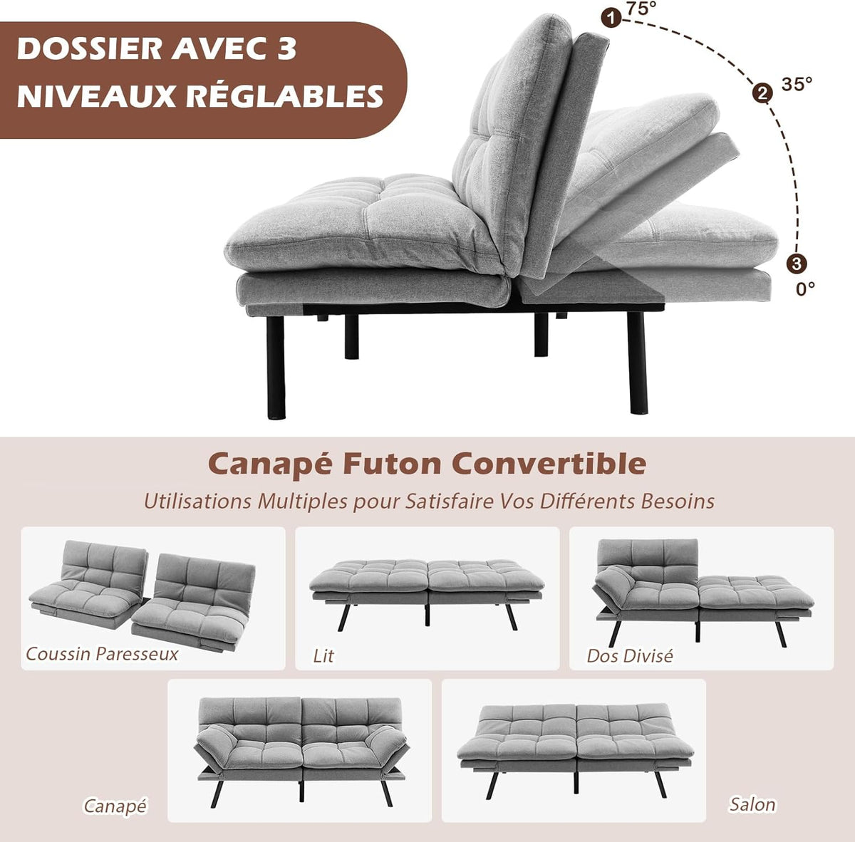 COSTWAY Canapé-Lit Convertible 5 en 1 avec Dossier et Accoudoirs Réglables, Canapé Futon 3 Places en Mousse à Mémoire, Pieds Métalliques, pour Petits Appartements, Salon, Bureau, Charge 273 kg (Gris)