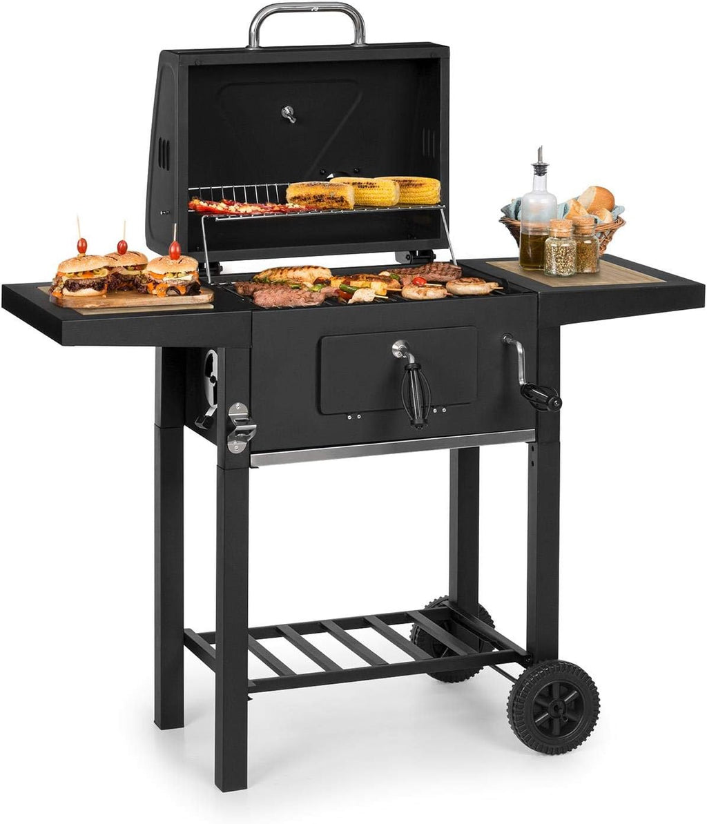 KLARSTEIN Meat Machine - Grill à Charbon de Bois, BBQ-Grill, Fumoir, Surface de Cuisson 45 x 32,5 cm, Système d'aération, Cheminée, Thermomètre intégré, Foyer réglable en Hauteur - Noir
